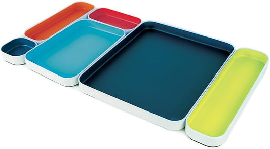 Three by Three Seattle 6 Piece Metal Organizer Tray Set for Storing Makeup, Stationery, Utensils, and More in Office Desk, Kitchen and Bathroom Drawers (1 Inch, Assorted Colors, Stripes)