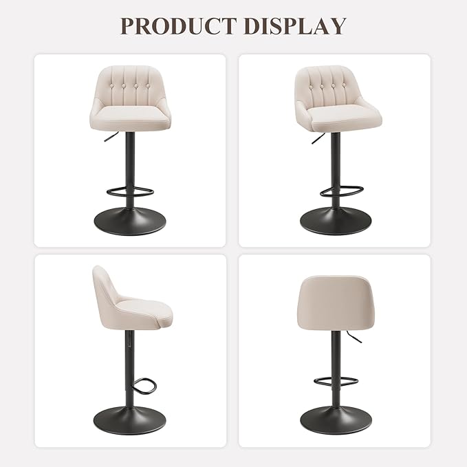 Bar Stools Set of 2, Swivel Bar Chairs, Modern Adjustable PU Leather Upholstered Barstools Counter Height with Tufted Back for Bar, Kitchen Counter Island, Dining Room, Beige