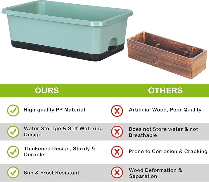 Window Box Planter 6 Pcs, 18 Inches Rectangle Flower Pots with Drainage Holes and Trays, Vegetable Planters for Windowsill Patio Garden Balcony Home Porch Yard Indoor Outdoor (Green, 18*10*6 inch)