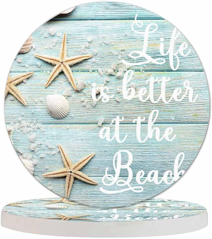 Life is Better at The Beach Drink Coaster for Tabletop Protection Summer Sand Sea Shells Starfishes Non-Slip Cups Place Mats Home Decor Diatomite Material for Men Women