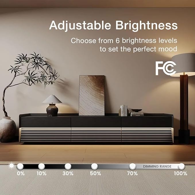 POVISON Fully-Assembled Mid Century Modern TV Stand with Legs, Wood Media Console with Adjustable LED Light, Entertainment Center with Storage for Living Room