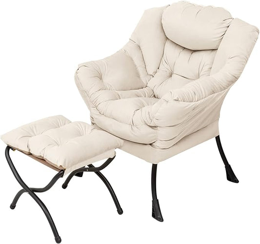 Welnow Lazy Chair with Ottoman, Modern Lounge Accent Chair with Armrests and a Side Pocket, Leisure Sofa Armchair, Reading Armchair with Footrest for Small Space, Beige