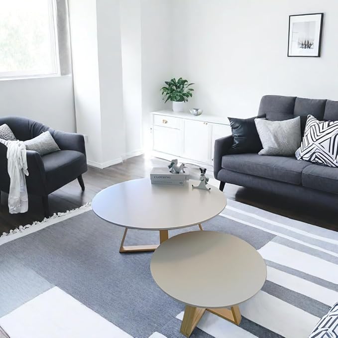 2Pcs Mid-Century Coffee Table Round, Easy Assembly Minimalist Nesting Table Set of2, Natural Wood Tea Table for Livingroom, Office,Balcony,Yard.Separately Use as Side Table Center Table