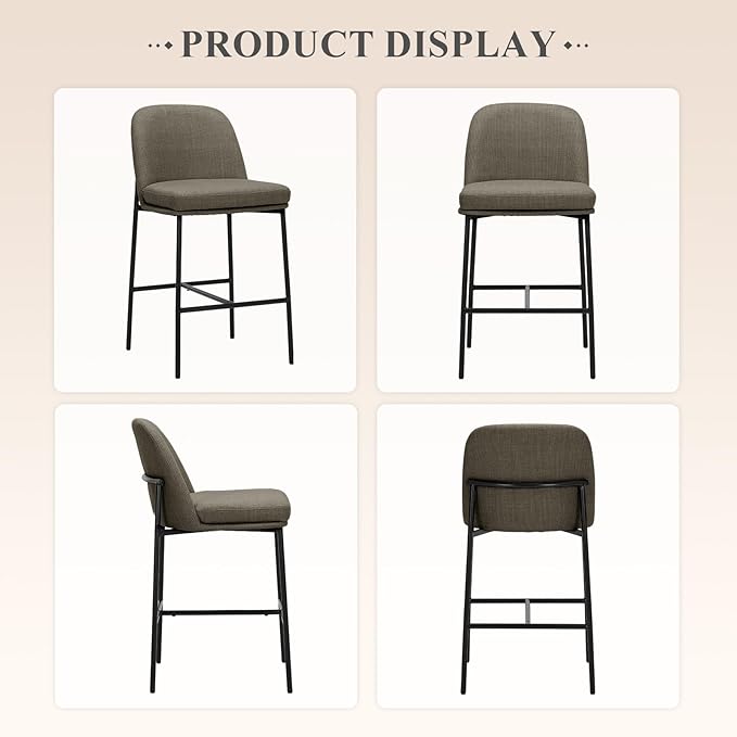 COLAMY Counter Height Bar Stools Set of 2, 25 Inch Modern Fabric Kitchen Island Stools with Back, Upholstered Counter Barstools Armless Bar Chairs with Metal Legs for Island Dining Room Bar,Brown