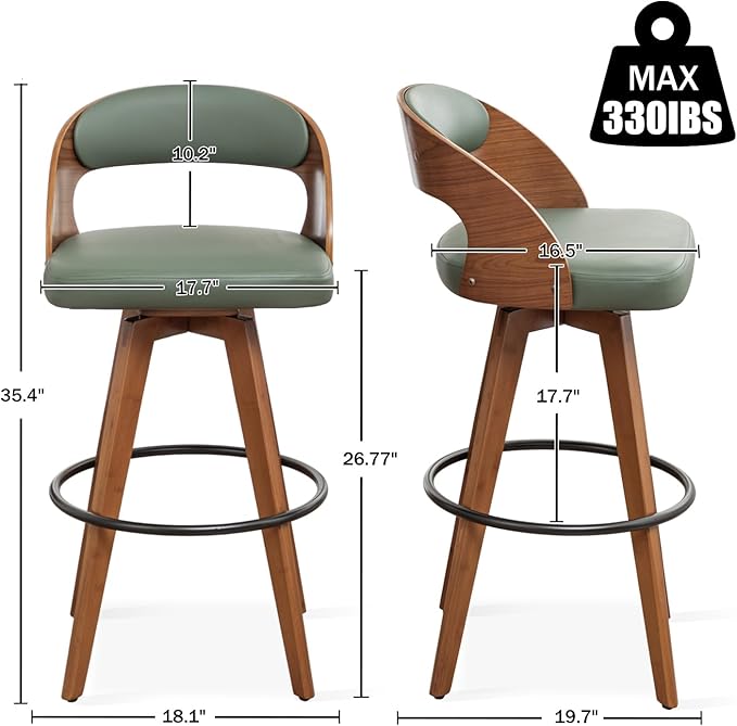 Barstools Set of 3,Counter Height Bar Stools for Kitchen Island,26.8 Inch Modern Upholstered Bar Chair, Swivel Counter Stools with Back and Wood Legs (Green-PU)