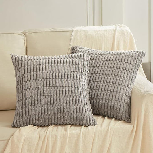 Fancy Homi 2 Packs Gray Farmhouse Decorative Throw Pillow Covers 20x20 Inch for Living Room Couch Bed Sofa, Rustic Boho Home Decor, Soft Striped Corduroy Square Cushion Case 50x50 cm