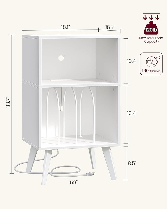 Record Player Stand, 3-Tier Side End Table with Charging Station, Turntable Stand Up to 160 Albums, Vinyl Storage Cabinet Dispaly Shelf for Living Room, Classic White