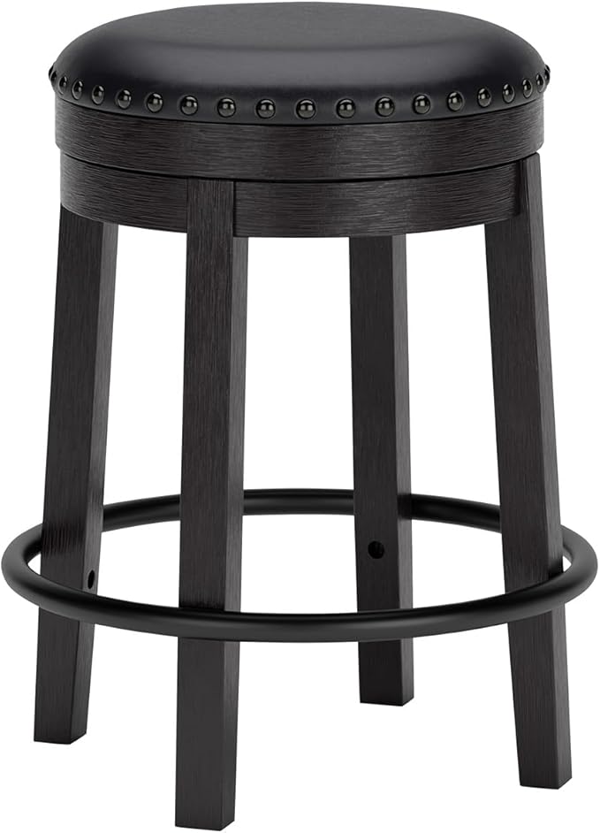 Signature Design by Ashley Valebeck Casual Round Faux Leather Upholstered Backless Counter Height Bar Stool with Footrest and Nailhead Trim, Black