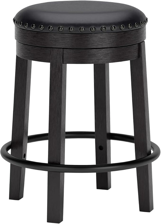Signature Design by Ashley Valebeck Casual Round Faux Leather Upholstered Backless Counter Height Bar Stool with Footrest and Nailhead Trim, Black