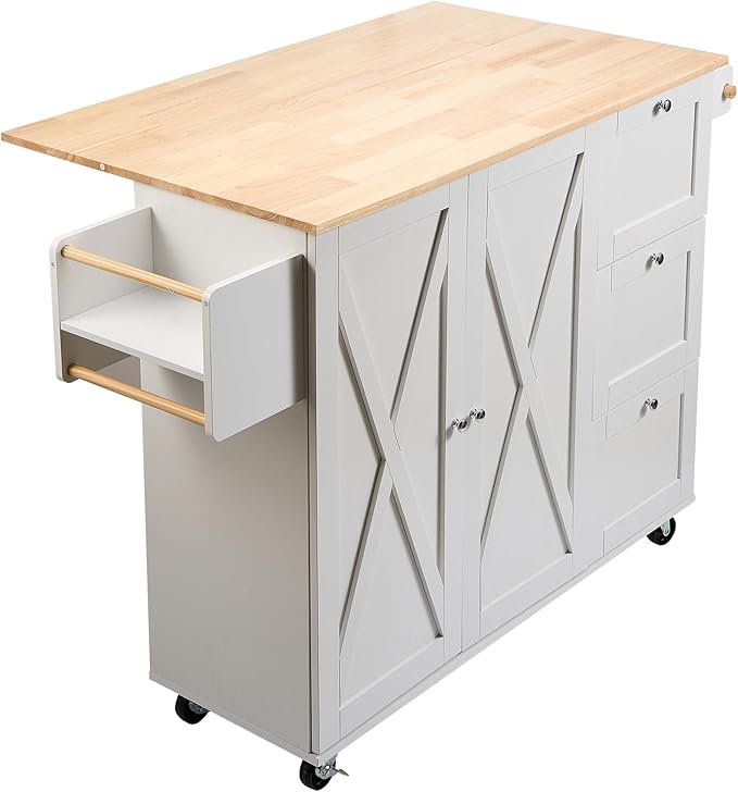 VEVOR Kitchen Island Cart, 45.3x39 inch Rolling Kitchen Table, Mobile Carts with Storage Cabinet and Solid Wood Top, Portable Islands with Wheels, Spice Rack, Towel Rack, Drop Leaf and Drawer, White