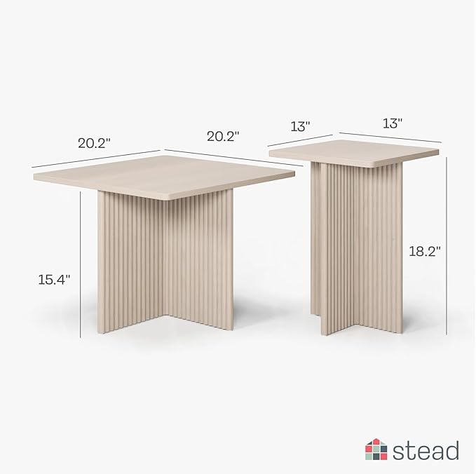 Square Fluted Nesting Coffee Table Set - Weathered White Square Top & Fluted Oak Base - Wood Grain Veneer Top, Stable on Uneven Floors & Easy Assembly - Living Room Table Set