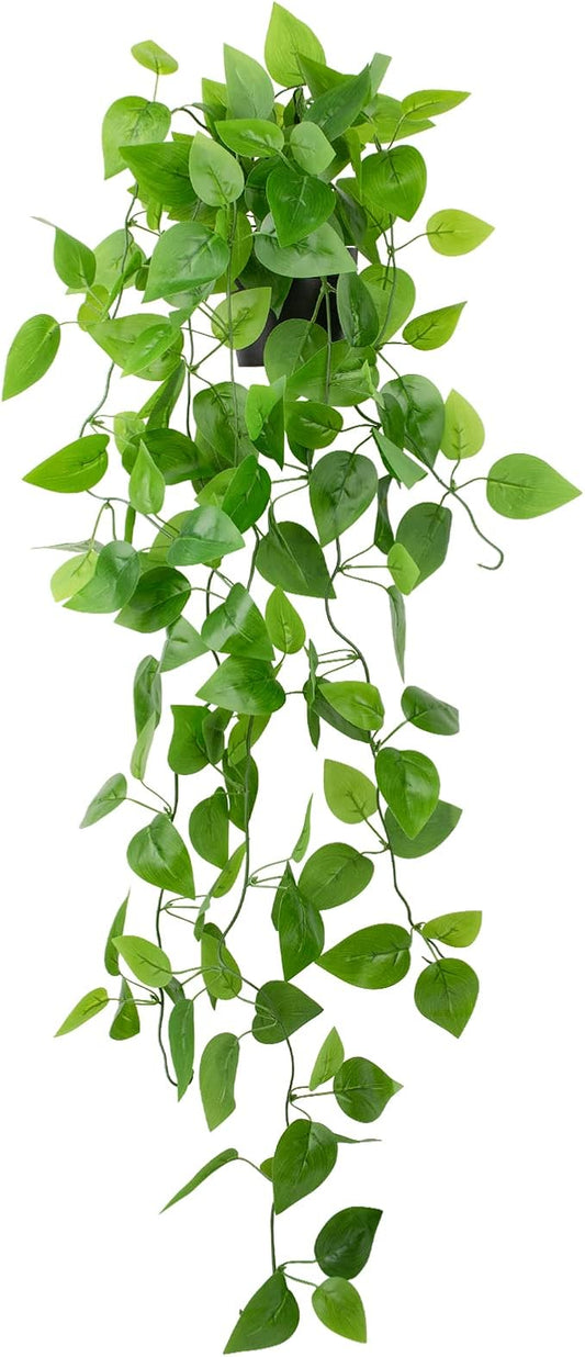 LOYWREE Small Fake Hanging Plant Artificial Potted Plants for Indoor Outdoor Aesthetic - 39in Realistic Faux Hanging Pothos with Ivy Vine for Shelf Decor in Home Office Gardens Greenery (Black Pot)