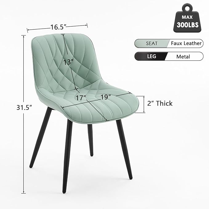 YOUNUOKE Dining Chairs Set of 2 Mid Century Modern Kitchen Chair Comfortable Upholstered Faux Leather Dinner Chairs for Kitchen Dining Room, Mint