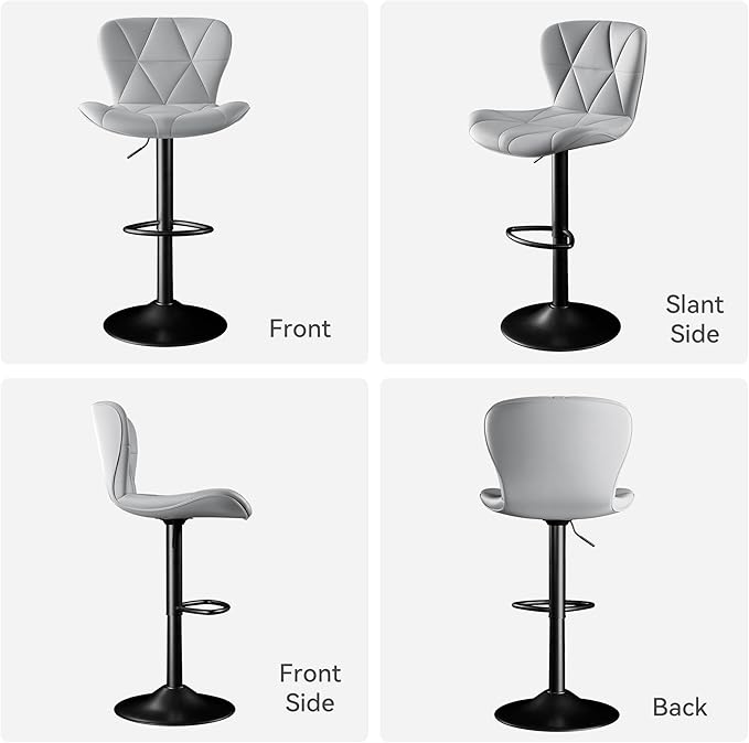 Bar Stools Set of 2,Faux Leather Bar Chairs,Upholstered Counter Height with High Backrest for Kitchen Island, Light Grey
