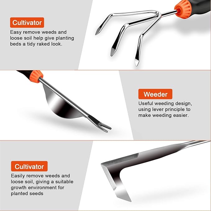 Garden Tool Set, 9 Piece Stainless Steel Heavy Duty Gardening Tool Set, with Non-Slip Rubber Grip, Storage Pocket, Ideal Gardening Gifts for Men