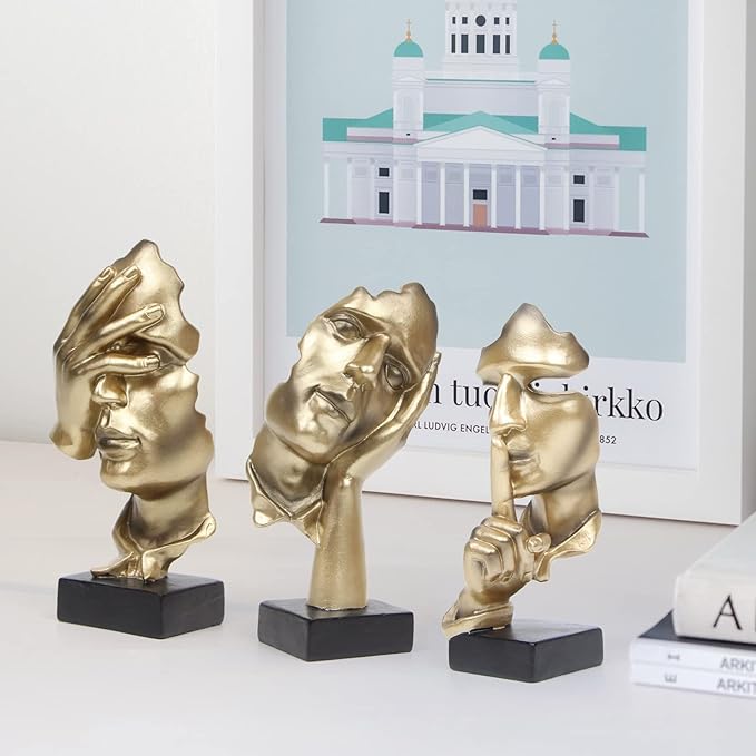 3 Pcs Thinker Statue, Silence is Gold Abstract Art Figurine, No Hear No See No Speak Modern Home Resin Sculptures Decorative Objects Decor for Home Office Bookshelf Desktop(Gold), A-41