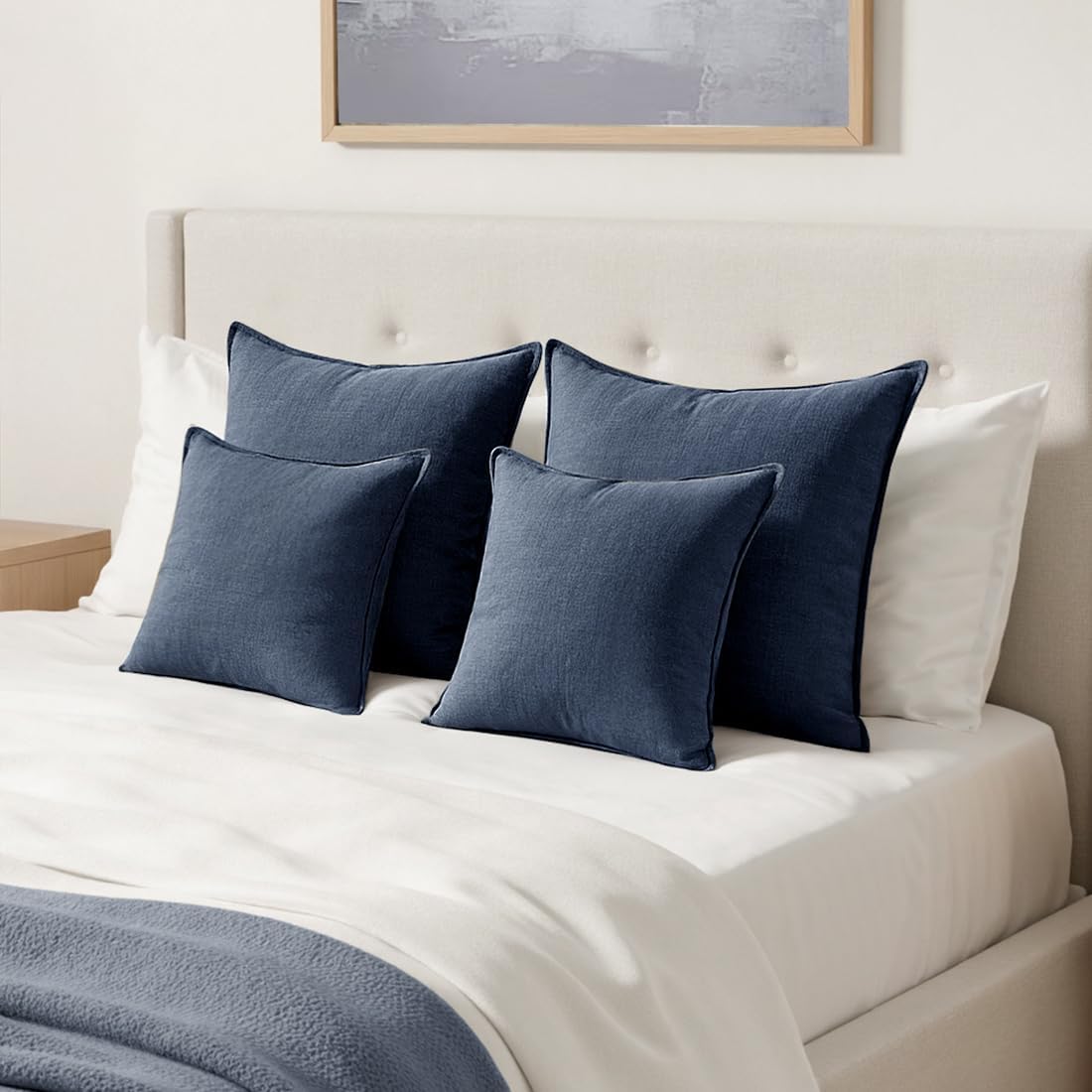 MIULEE Decorative Linen Euro Sham Pillow Covers 24x24 Indigo Blue Boho Farmhouse Neutral Couch Throw Pillows for Bed Pack of 2 Accent Coastal Modern Pillowcase Summer Sofa Livingroom Home Decor