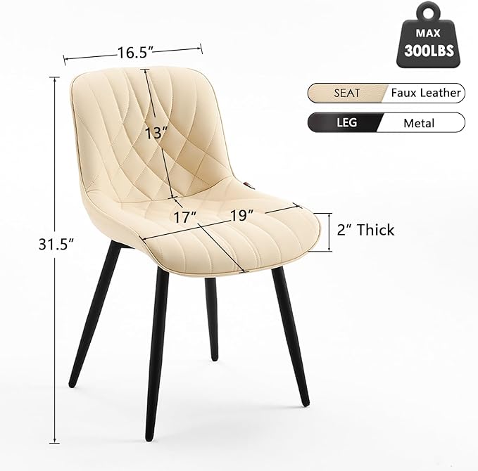 YOUNUOKE Dining Chairs Set of 2 Mid Century Modern Kitchen Chair Comfortable Upholstered Faux Leather Dinner Chairs for Kitchen Dining Room, Beige