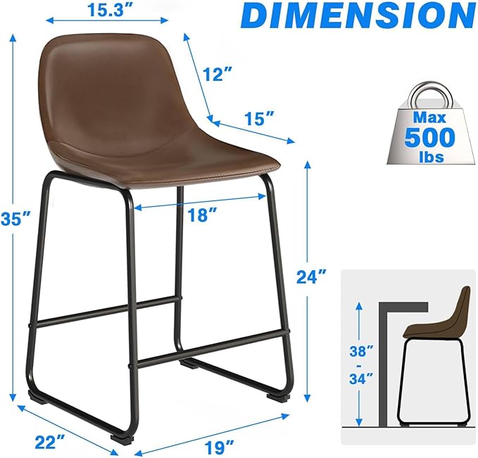 Rfiver Pu Faux Leather Bar Stools Set of 6, Industrial Pub Barstools with Back and Footrest, Modern Armless Bar Height Stool Chairs (Brown, 24" Counter Chair x6)