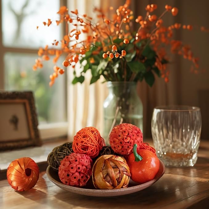 Qingbei Rina Fall Decorative Balls for Bowls, Pumpkins Bowl Fillers, Assorted Wicker Rattan Balls, Autumn Decorative Orbs Woven Spheres,Thanksgiving Holiday Home Decor(Orange)