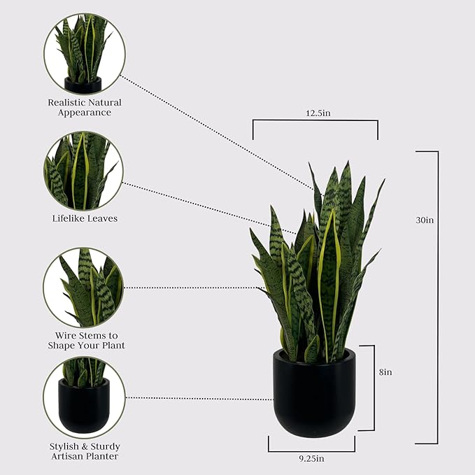 Faux Snake Plant, Premium Artificial Indoor Plant Stands 30” Tall and Enhances Interior Design, Lifelike-Leaves Create Realistic Natural Appearance, Black Planter Pot Included