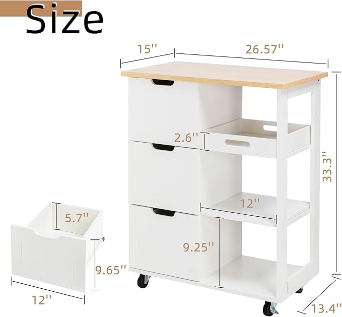 Shintenchi Kitchen Island Cart with Storage,Rolling Kitchen Island Storage Cabinet,Side Table on Wheels with Worktop,3 Open Shelves and 3 Drawers for Kitchen,Dinning Room, White