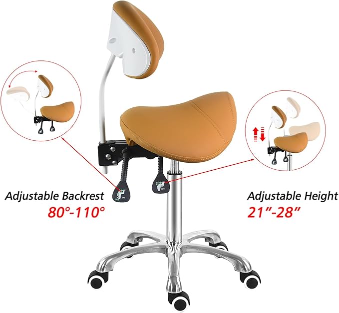 Antlu Saddle Stool Chair with Back Support, Ergonomic Esthetician Stool Chair for Salon Tattoo Spa Medical Dentist Clinic (with Backrest, Camel)