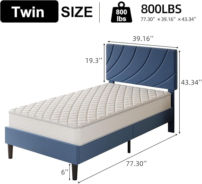 HOMBCK Twin Bed Frames, Bed Frame Twin with Linen Fabric Upholstered Headboard and Wooden Slats Support,Adjustable Headboard, No Box Spring Needed, Noise-Free, Easy Assembly, Blue