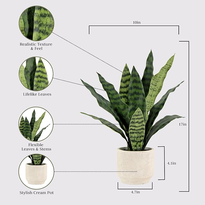 Faux Snake Plant & Fern, Set-of-2 Premium Artificial Indoor Plants, Enhances Interior Design, Lifelike-Leaves Create Realistic Natural Appearance, Grey Planter Pot Included