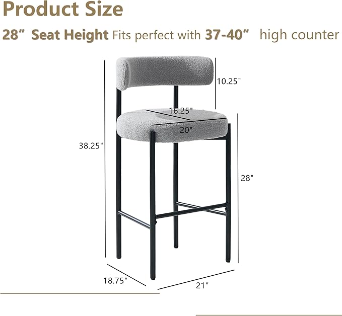 28'' Boucle Bar Stools Set of 4, Grey Bar Stools with Backs, Counter Height Bar Height Stools for Kitchen Island, Upholstered Bar Chairs