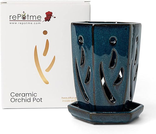 rePotme Orchid Pot, 4 x 6 inch Hexagon Ceramic Orchid Pot with Holes and Matching Saucer (Teal Jade)