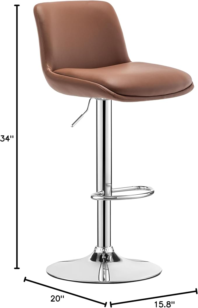 MINCETA Bar Stools,Modern Upholstered Swivel Stool with Back for Bar and Counter Height, Adjustable Height 24" to 34",1 Piece,PU in Brown