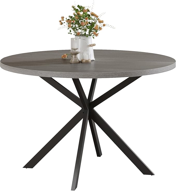 ChooChoo 47.2 Inch Round Dining Table for 4, Farmhouse Wood Kitchen Table, Circle Dinner Table for Kitchen & Dining Room, Grey