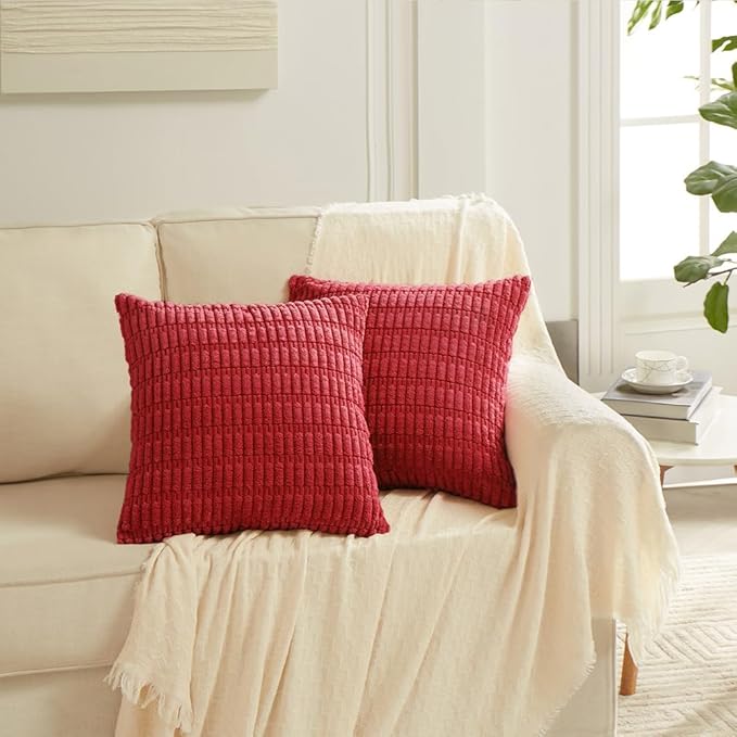 Fancy Homi 2 Packs Red Decorative Throw Pillow Covers 22x22 Inch for Living Room Couch Bed Sofa, Rustic Farmhouse Boho Home Decor, Soft Striped Corduroy Square Cushion Case 55x55 cm