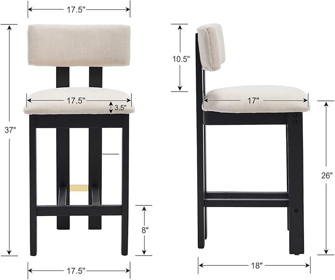 26' Counter Stools Set of 4 Modern Farmhouse Linen Upholstered Kitchen Bar Stools with Back and Black Solid Wood Legs, Beige