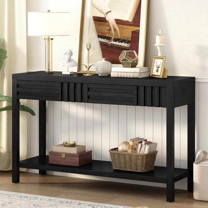 Mid Century Modern Console Table with Ash Veneer,Wood Fluted Entryway Table with Storage Drawers and Shelf for Entryway,Foyer,Living Room (Black)