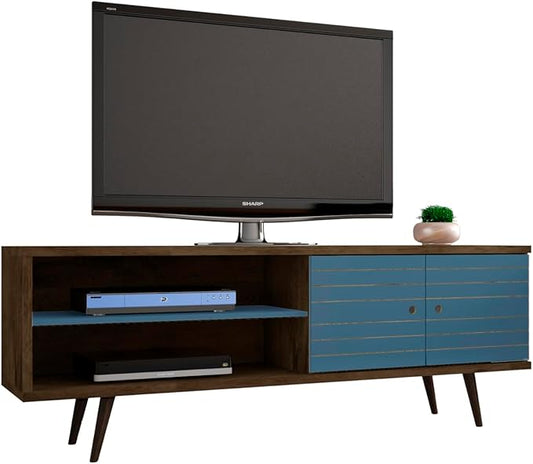 Manhattan Comfort Liberty Mid Century Modern TV Stand for Televisions up to 60 Inches, Bedroom and Living Room Entertainment Center with Storage, Shelves, and Cabinet, 63" Wide, Rustic Brown/Aqua