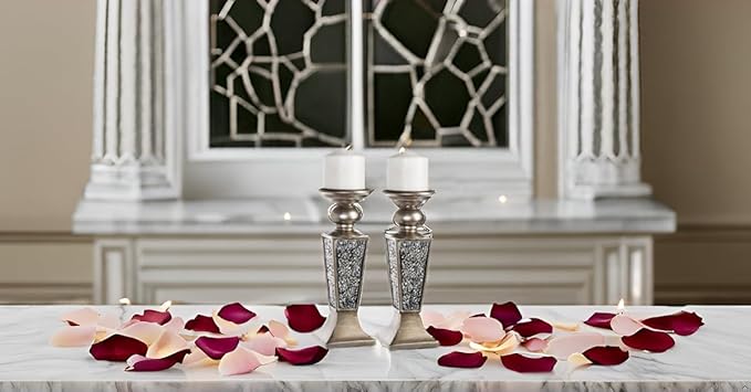 Creative Scents Schonwerk Silver Pillar Candle Holder Set of 2 - Crackled Mosaic Design - Centerpiece Table Decoration - Coffee Table Decor - Decoration Centerpiece for Living/Dining Room - Best Gift