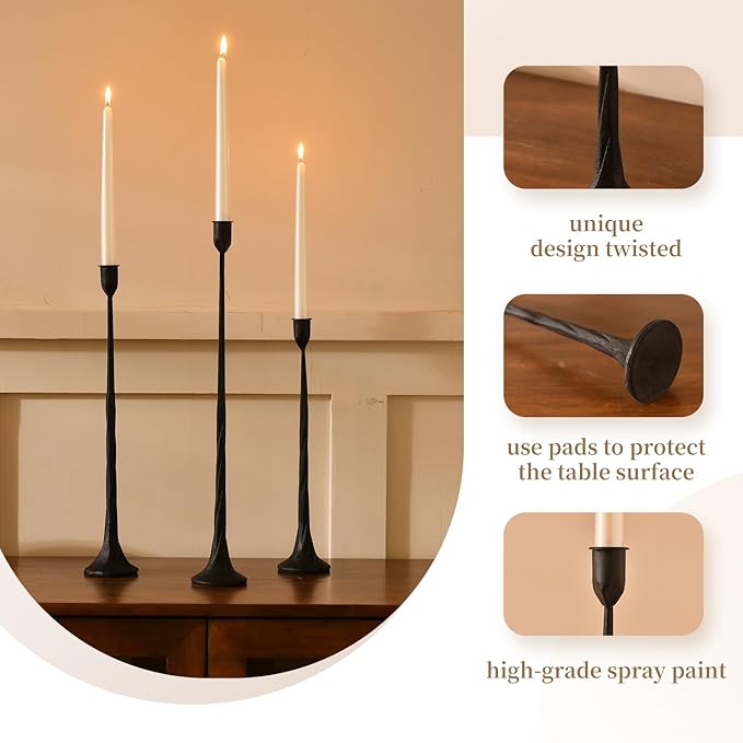 Set of 3 Candle Stick Holders, Iron Black Candlestick Holders, Fits 3/4 inch Fits 3/4 inch Thick Candles, Tapered Candle Holders Tall Set for Dining Table, Wedding, Home Decoration