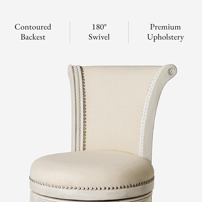 Maven Lane Pullman Counter Stool 26 Inches – Swivel Stool with Footrest – Cream Solid Wood Frame & Natural Fabric Upholstery – Perfect for Kitchen Islands & Counters