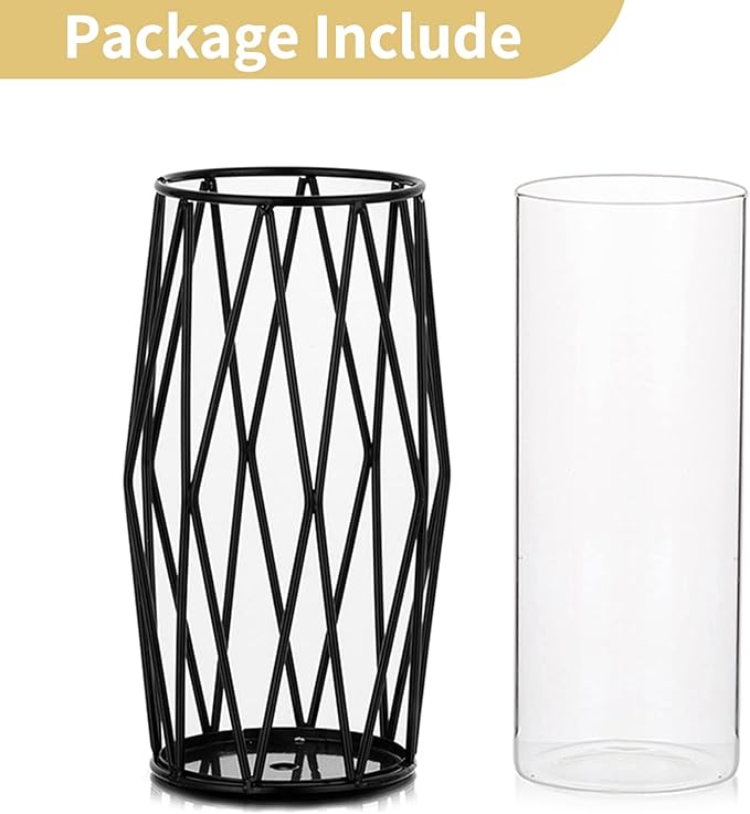 Nuptio Glass Candle Holder for Pillar Candles Black Pillar Candle Holders Geometric Metal Candle Stand Small Hurricane Candleholder Flower Vase for Office Dining Living Room Bar Cafe