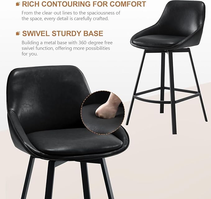 Zesthouse Swivel Counter Height Stools Set of 3, Modern Upholstered Barstools with Backs, 26'' Faux Leather High Chairs for Island Kitchen, Counter Height Chairs with Metal Legs, Black