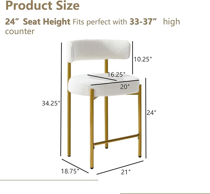 24'' Boucle Bar Stools Set of 3, White Bar Stools with Backs, Counter Height Bar Height Stools for Kitchen Island, Upholstered Bar Chairs with Gold Legs