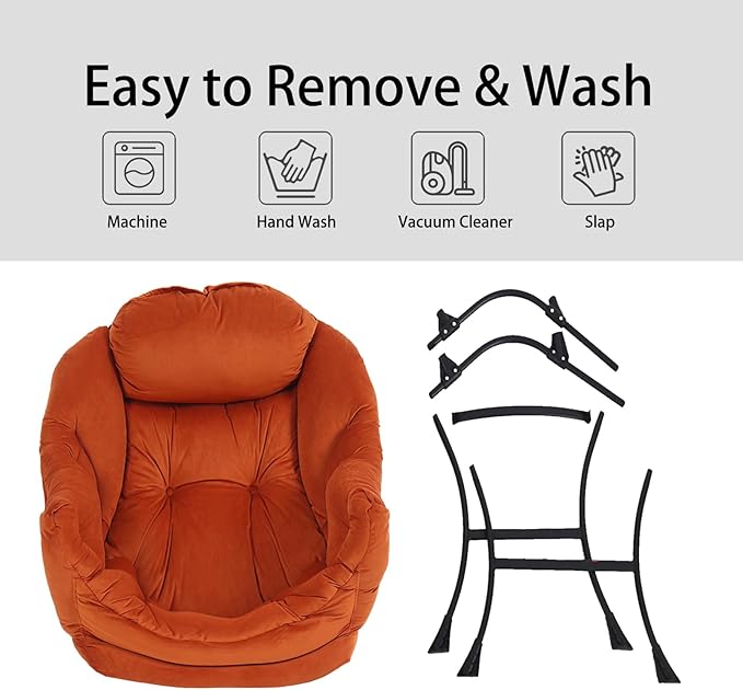 LITA Lazy Chair with Ottoman, Modern Lounge Accent Chair with Armrests and a Side Pocket, Leisure Upholstered Sofa Chair Set, Reading Chair with Footrest for Small Space, Corner Chair,Orange