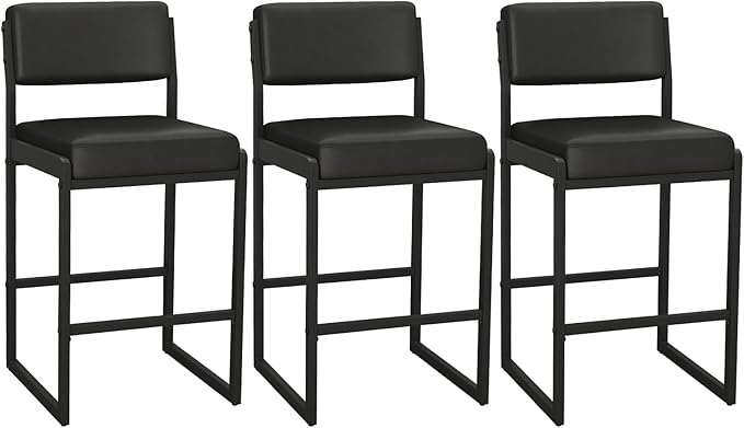 Mid Century Modern Counter Height Bar Stools Set of 3, 26" Bar Height Chairs with Backs, Upholstered Counter Stools, Metal Barstools for Kitchen Island (Black- Faux Leather, 26"H - Set of 3)