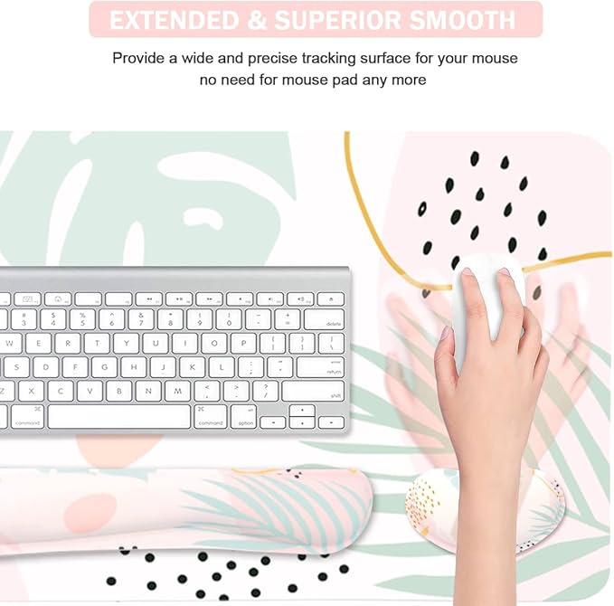 Keyboard Mouse Pad Set, Extended Mouse Pad+Keyboard Wrist Rest Support, Memory Foam Ergonomic Easy Typing, 3Pcs (35.4×15.7 in) Desk Pad Set for Home Office Study Game-Plant