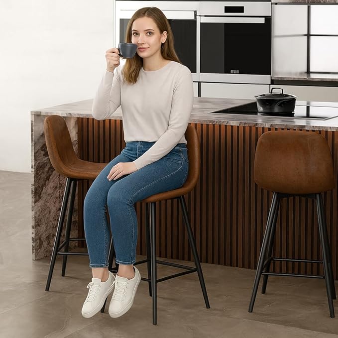 Modern Bar Stools Set of 4,Brown Techno-Fabric Counter Height Bar Stools,24.6" Bar Chairs with Back Metal Footrest,Modern Counter Stool with Back and Footrest for Kitchen Island Restaurants Pubs