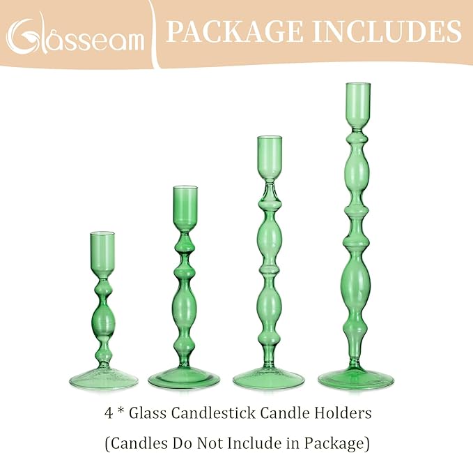Glasseam Green Glass Candle Holder: Tapered Candlestick Holders Set of 4 Modern Candle Stick Holders for Taper Candlesticks Tall Decorative Candle Holders for Centerpiece Dining Table Christmas Party