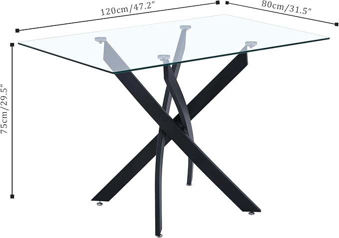 Tempered Glass Dining Table 48 Inch Mordern Rectangular Kitchen Table with Black Metal Legs for Dining Room Kitchen