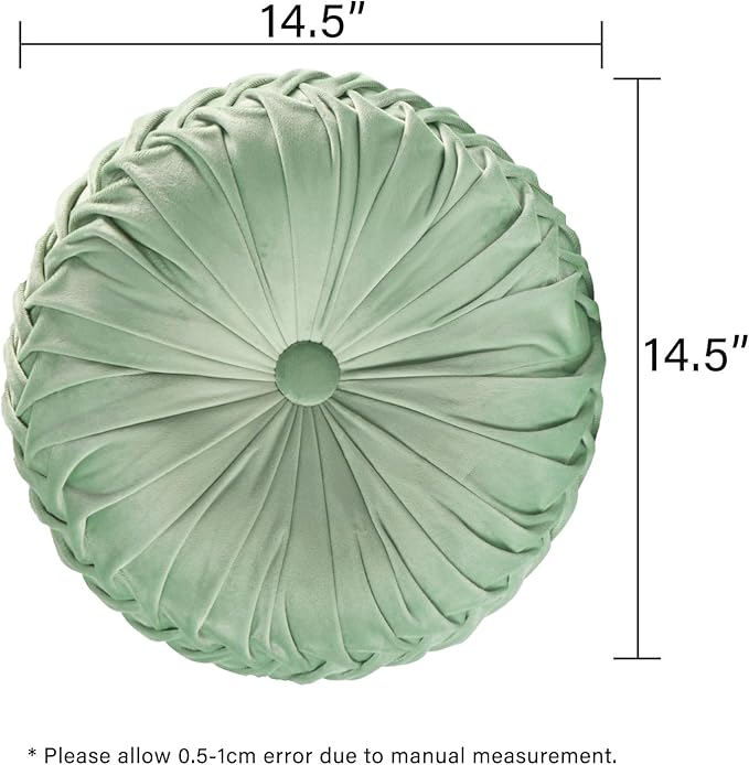 HIG Set of 2 Decorative Round Pleated Throw Pillows, Classy Accent Pumpkin Throw Pillows with Center Button, Vintage Velvet Floor Pillows for Sofa Vanity Chair Bed, Sage, 14.5" Diameter(Ripple)